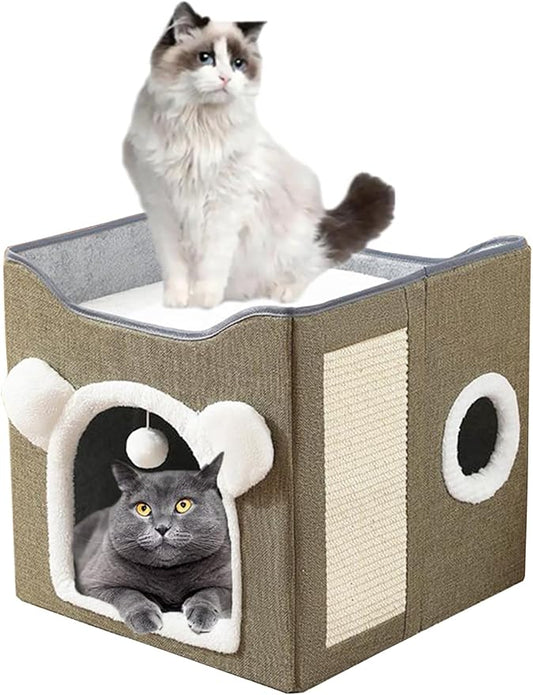 Cat Bed for Indoor Cats Foldable Cat Houses with Fluffy Ball and Scratch Pad Large Cat Cave Green Cat Hideaway by Unknown