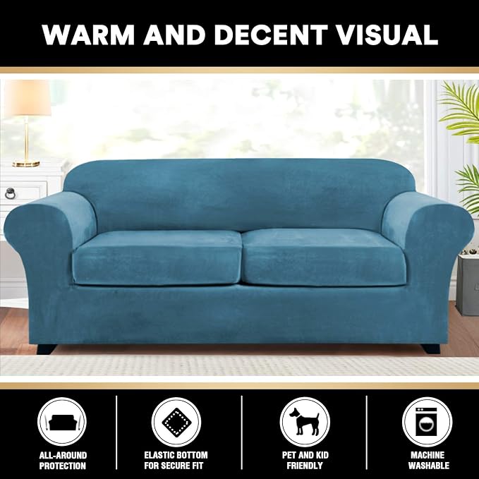 PrinceDeco Couch Cover Velvet Plush Sofa Covers for 2 Cushion Couch Width Up to 90 Inch Washable Furniture Protector Pet Friendly No Slip Sofa Slipcover(Medium-Large, Blue) - Image 6