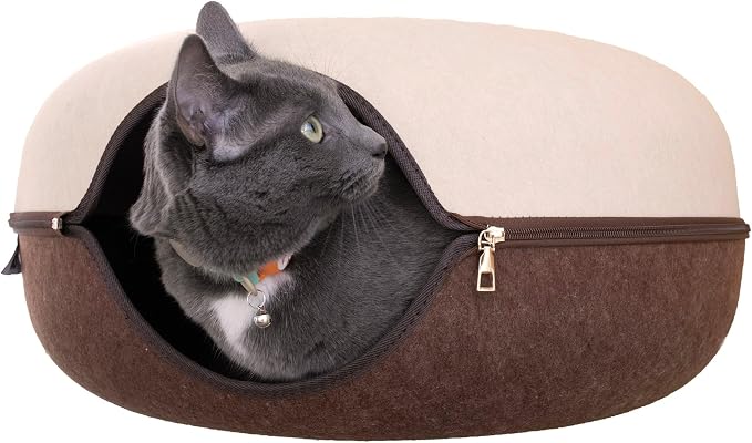 Travel Cat Tunnel Bed Cave - 21 Inch Large Premium Round Donut Cat Cave for Indoor Cats, Kitten - Detachable Cat Hideaway Cat Bed with Tunnel for Playing, Scratching, Sleeping (Chocolate & Cream) - Image 2