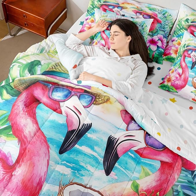 Erosebridal Flamingo Bed in A Bag Twin, Summer Flamingo Comforter Set with Sheets for Kid Boys Girls Adults, Happy Beach Party Decor 7 Pieces Bedding Set, Wildlife Tropical Flowers Bed Sets - Image 7