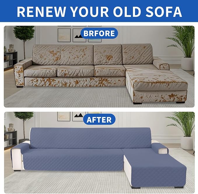Waterproof Sectional Couch Covers for Dogs, Reversible L Shaped Couch Cover, Sectional Couch Covers L Shape for Pets Dog Cat, Quilted Sofa Covers Washable Sectional (Large, Greyish Blue) - Image 7