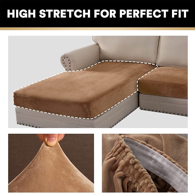 PrinceDeco Sectional Couch Covers 3 Pieces Velvet Sofa Covers L Shape Soft Couch Covers for Sectional Sofa Corner Sofa Cover Couch Cover for Dogs Washable (2 Seater + 1 Chaise,Camel) - Image 5