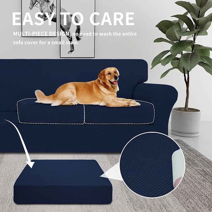Easy-Going 4 Pieces Stretch Couch Cover Oversized Sofa Cover for Dogs Washable Sofa Slipcover for 3 Separate Cushion Couch Spandex Elastic Furniture Protector for Pets, Kids (Navy, Oversized Sofa) - Image 3