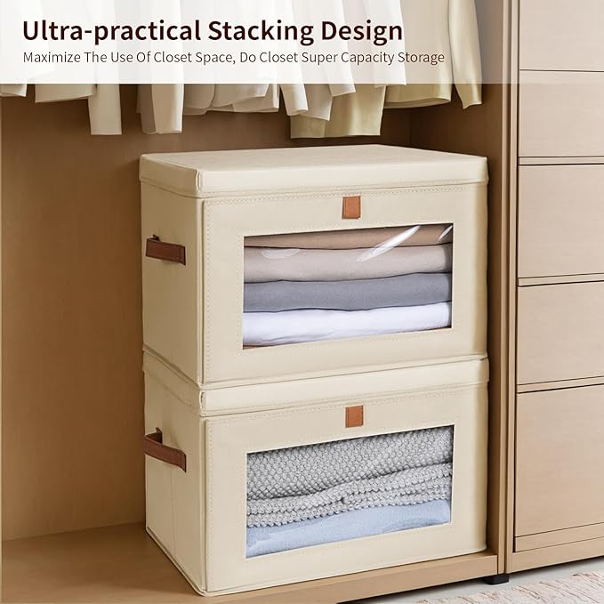 Homsorout Large Closet Storage Bins - Collapsible Clothing Organizer with Handles & Window, Decorative Bin with Lids, Linen Closet Organizers for Living Room, Dorm, 8 Pack, Beige - Image 3