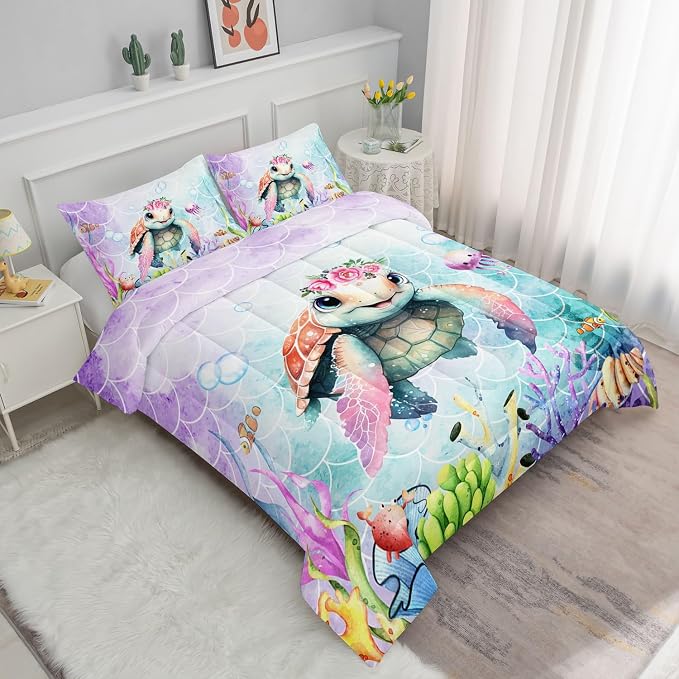 Cartoon Sea Turtle Comforter Set Mermaid Scale Turtle Printed Bedding Set with 1 Comforter and 2 Pillowcases for Boys and Girls Bedroom All Season(Turtle Twin) - Image 2