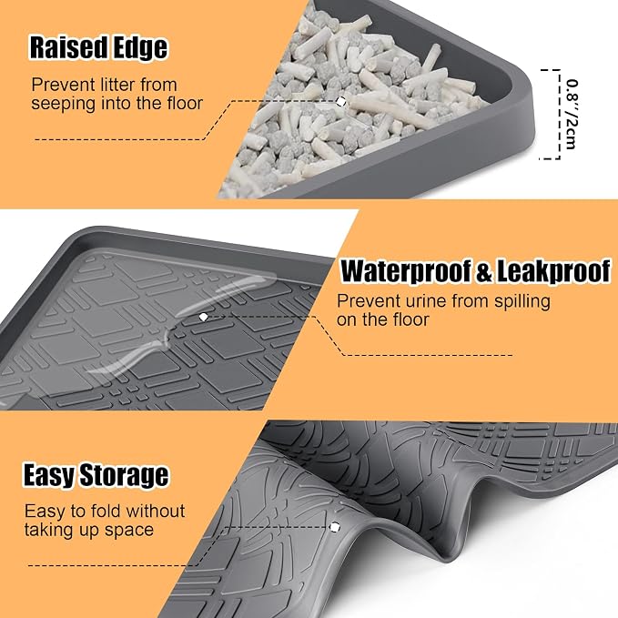 Silicone Cat Litter Mat 42" x 29" Cat Mat for Litter Box, Dark Grey | Extra Large Cat Litter Trapping Mat for Floor, Waterproof, Non-Slip Kitty Litter Box Mat with Raised Edge, Easy to Clean - Image 6