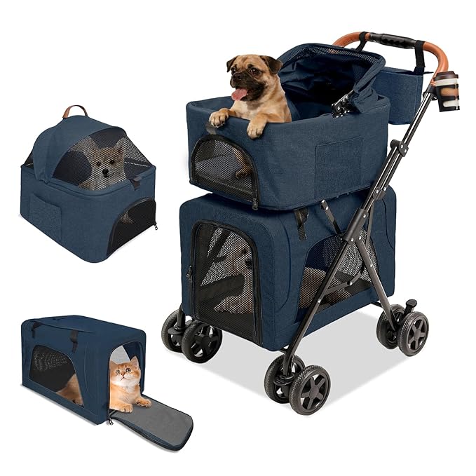 Dog Stroller with Detachable Carriers, Foldable Dog Stroller for Medium Dogs 20 lbs with Cup Holder and Storage Bag, Pet Stroller for Small Dogs, Double Cat Strollers Suitable for All-Terrain