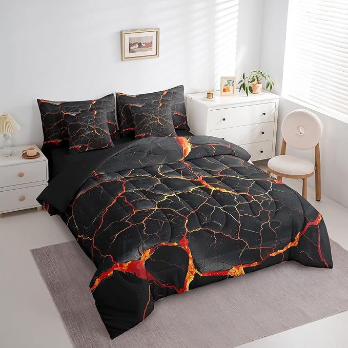 Erosebridal Lightning Comforter Sets with Sheets - Black Marble Print Bedding Set Queen for Boys Girls Orange Lava Theme 7Pcs Bed in A Bag Modern Abstract Bed Set - Image 3