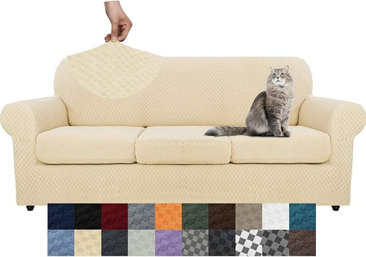 YEMYHOM Latest Checkered 4 Pieces Couch Covers for 3 Cushion Couch Extra Large High Stretch Thickened Sofa Cover for Dogs Pets Furniture Protector Sofa Slipcovers (Beige), 91"-110"(3 Cushions) by YEMYHOM