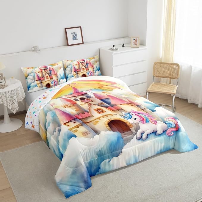 Manfei Princess Castle Comforter Set King Size,Cute Unicorn Dreamy Fairy Tale Girly Bedding Set 3 Pcs for Adults,Fantasy Rainbow Sky Clouds Cartoon Down Comforter,2 Pillowcases - Image 4