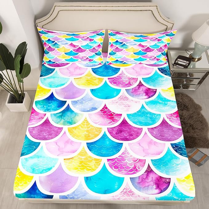Mermaid Fish Scales Bedding Set for Kids Girls - Twin Size, Purple Blue Red Fish Skin Sheet Set with Scale Pattern, Soft Decorative Flat Sheet and Pillowcase - Image 2