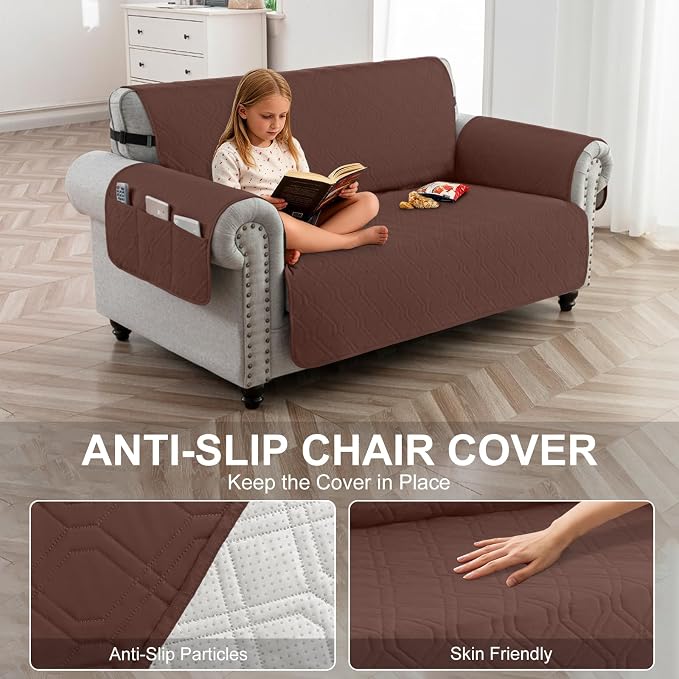 100% Waterproof Couch Cover,Straps&Pockets,pet Friendly,46" Coffee | Washable sofa cover, pet-friendly, scratch-resistant furniture protector, quilted sofa cover, reversible, non-slip backing. - Image 4
