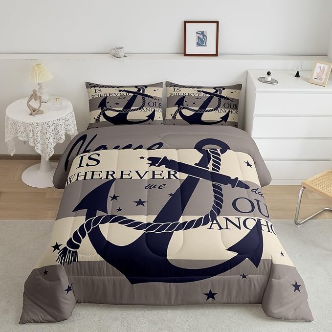Homewish Anchor Duvet Insert Geometric Stripe Print Comforter Set Nautical Bedding Set 3pcs for Kids Boys Teens Microfiber Down Comforter with 2 Pillowcases, Queen Size - Image 4