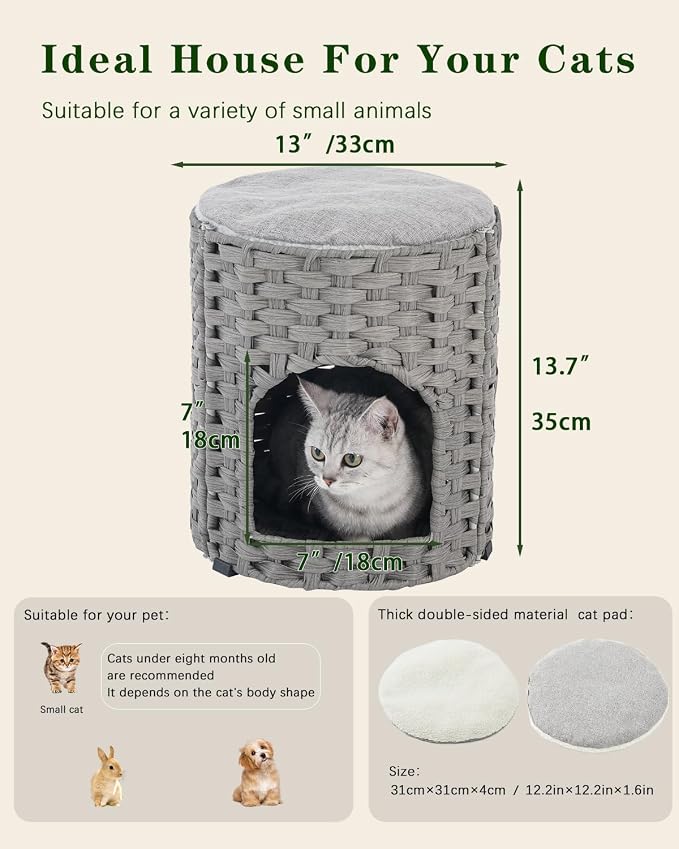 SETVSON Cat House for Indoor Cat, Small Handwoven PE Rattan Cave, Gray | Foldable Pet Kitten Bed Covered, Comfortable Double-Sided Cushion, 13x13x13.7 Inches, Quick 5-Minute Assembly - Image 5