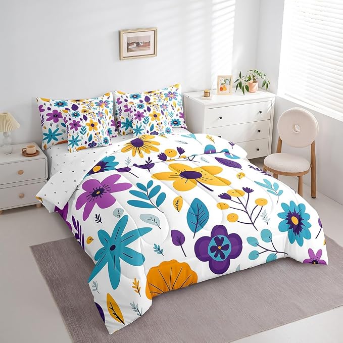 Feelyou Cute Flower Comforter Set with Sheets King Cute Flower Floral 7 Piece Bedding Set for Kids Girls Teens Toddler Cartoon Floral Bed in a Bag Yellow Purple Bed Set - Image 2