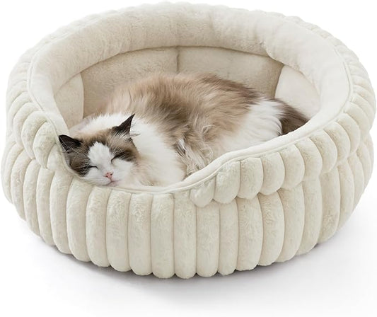 Bedsure ComfyFleece™ Washable Cute Large Cat Bed,Soft Round Puppy Bed,23in | Cozy Fluffy Plush Small Dog Bed,Donut Corduroy Cuddler Pet Beds for Indoor Big Cats,Anti-Slip Bottom,Up to 20 Lbs,Cream by Unknown