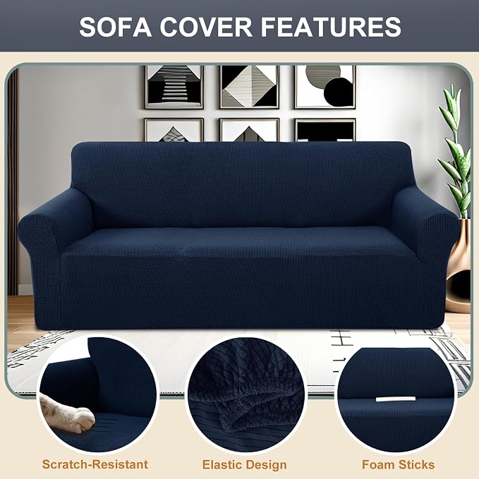 Stretch Couch Covers for Sofa Washable, Large, Navy | 3seat sofa covers for 3 cushion couch, Furniture Protector Couch Slipcover cubre sillones para sala for Kids, Dogs - Image 3