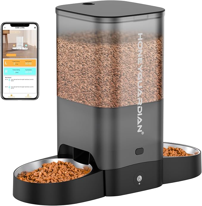 HoneyGuaridan 5L Automatic Cat Feeder for Two Cats, 2.4/5G WiFi Smart Feed Pet Feeder with Stainless Steel Bowl,APP Control Dispenser, Dual Power Supply,Desiccant Bag,10s Meal Call Black by HoneyGuaridan