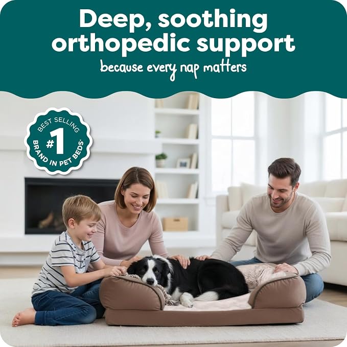 Furhaven Orthopedic Dog Bed for Large/Medium Dogs w/ Removable Bolsters & Washable Cover, For Dogs Up to 55 lbs - Plush & Velvet Waves Perfect Comfort Sofa - Brownstone, Large - Image 2