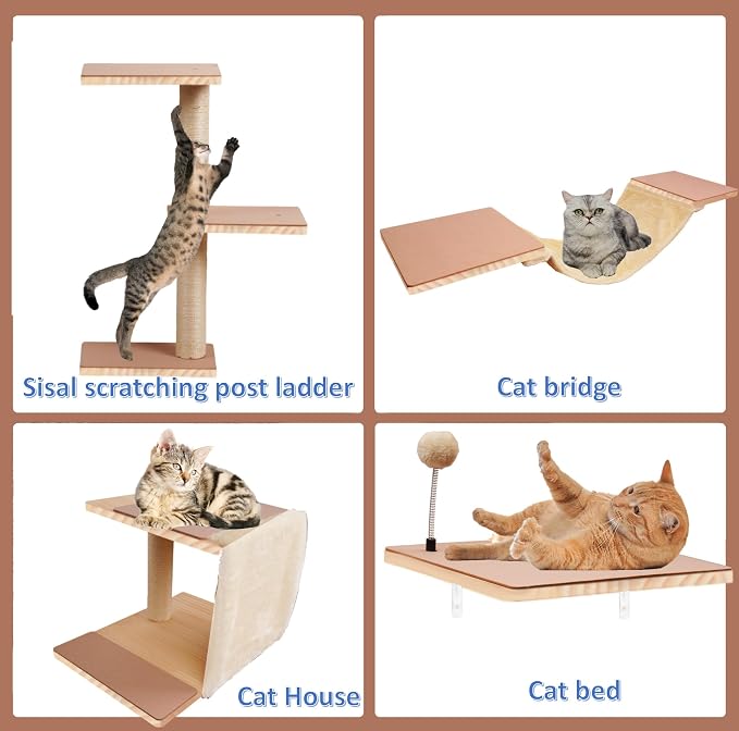 Cat Shelves for Wall，Solid Wood Cat Wall Furniture with Scratching Post,Hammock,Jumping Boards,Steps,Condo and Felt Pads, Suit for Cats Climb, Jump, Nap, Scratch-Beige - Image 3