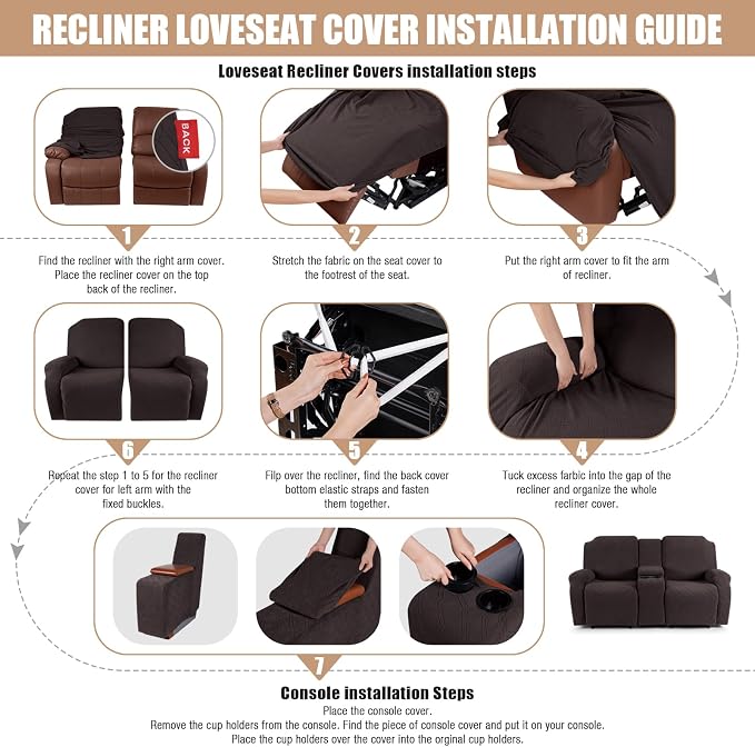 VANSOFY Stretch Recliner Loveseat Cover with Middle Console, Chocolate | 4-Pieces, Soft Furniture Protector, Washable Slipcover with Pocket, Pets Sofa Cover, High Stretchy fabric Couch Cover - Image 6