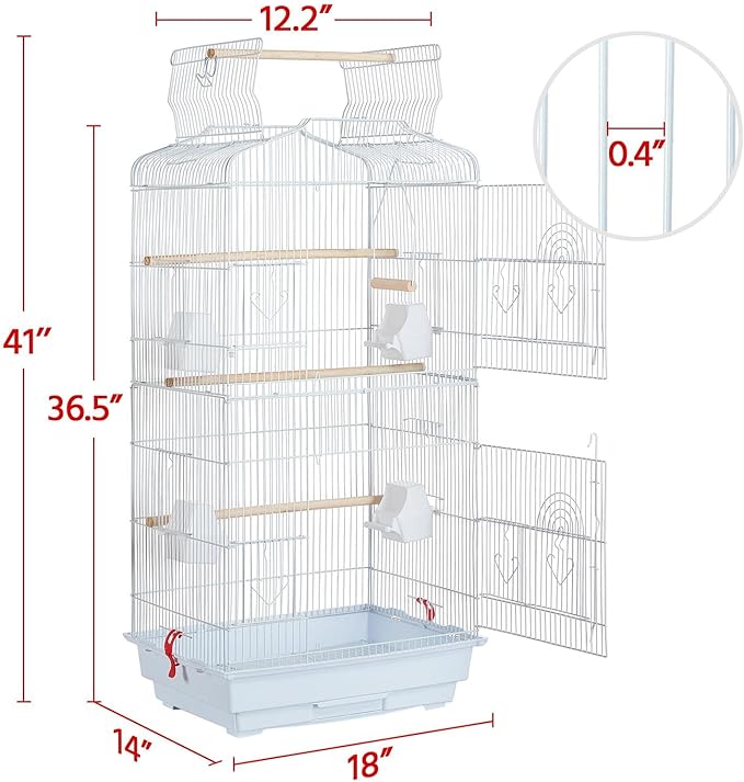 Yaheetech 41'' Open Top Medium Size Quaker Parrot Bird Cage Cockatiel Indian Ring Neck Sun Parakeet Green Cheek Conures Lovebird Budgie Canary Finch Parrotlet Bird Cage, White - Image 3