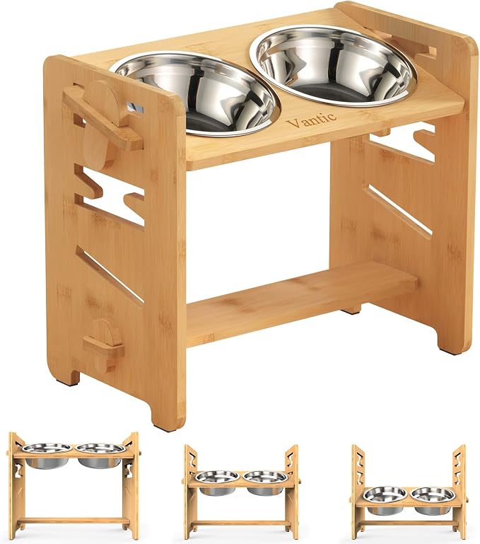 Vantic Elevated Dog Bowls, Raised Dog Bowl Stand Adjustable Medium, Natural | Bamboo Elevated Feeder with 2 Stainless Steel Bowls, Adjustable Height Stand for Medium Dogs by Vantic