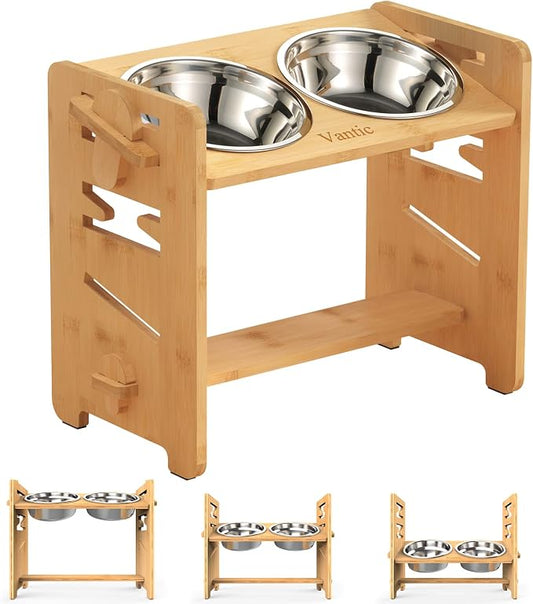 Vantic Elevated Dog Bowls, Raised Dog Bowl Stand Adjustable Medium, Natural | Bamboo Elevated Feeder with 2 Stainless Steel Bowls, Adjustable Height Stand for Medium Dogs by Vantic