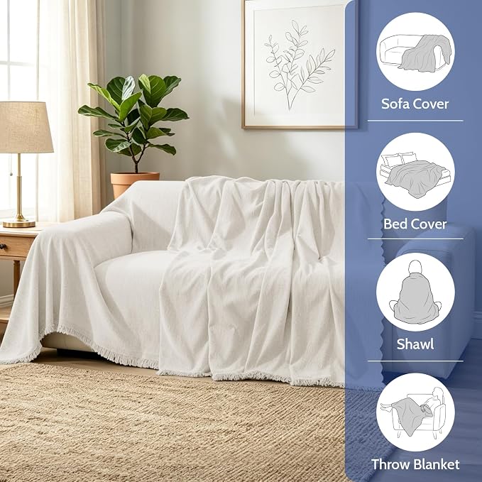 Chenille Couch Cover for Dogs, Boho Sofa Cover Washable Couch Cover, 3 Cushion Sofa Cover, Pet Throw Blankets for Couches with Tassel Furniture Protector Covers,71"×150",Beige White - Image 7
