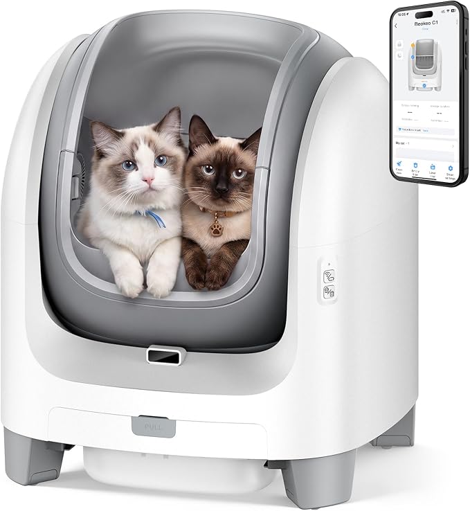 Self Cleaning Litter Box for Large Cats, 18L Extra Large Automatic Cat Litter Box with Pull-Out Waste Drawer, Smart APP Health Tracking, Odor-Seal Deodorizing Multi-Cat Safe Toilet, White by Beokeo