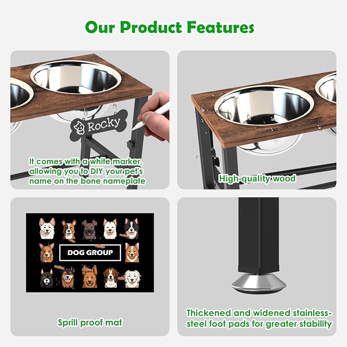SHAINFUN Adjustable Height Elevated Dog Bowl Stand – Wooden Raised Dog Bowls with Three 58oz Stainless Steel Bowls & Mat for Small to Large Dog Breeds - Image 5