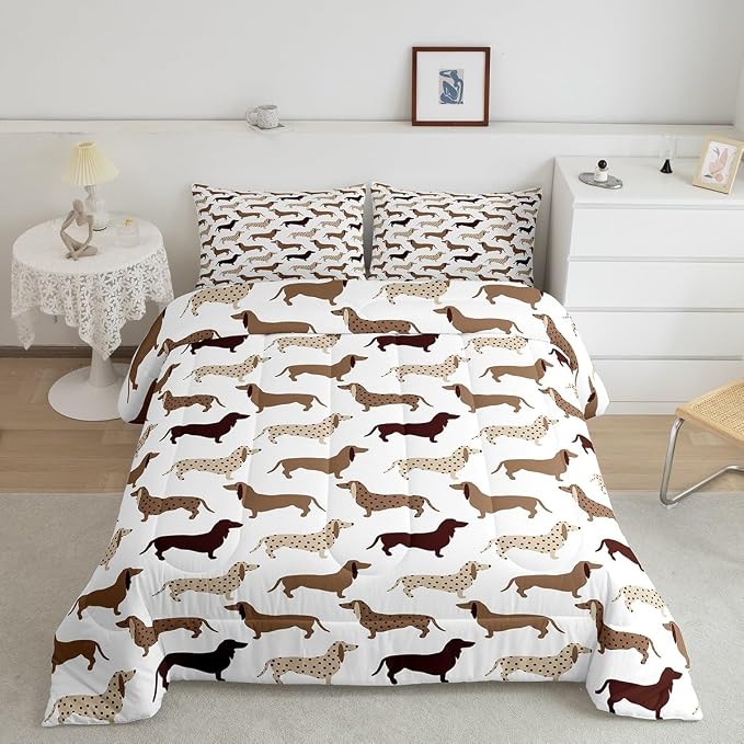 Feelyou Cartoon Dog Print Comforter,Puppy Animal Bedding Bed Set,Cute Dachshund Kawaii Comforter Set for Teens Kids Boys Girls Adults Decor,Brown Quilt Collection 3Pcs Queen Size Boys by Feelyou