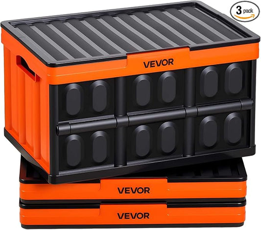 VEVOR Plastic Collapsible Storage Bins with Lids, 45L 3Packs, Stackable Folding Storage Crates with Handles, Holds 44 lbs Per Bin, Heavy Duty Containers, Space-Saving Baskets, for Home Organizing by VEVOR