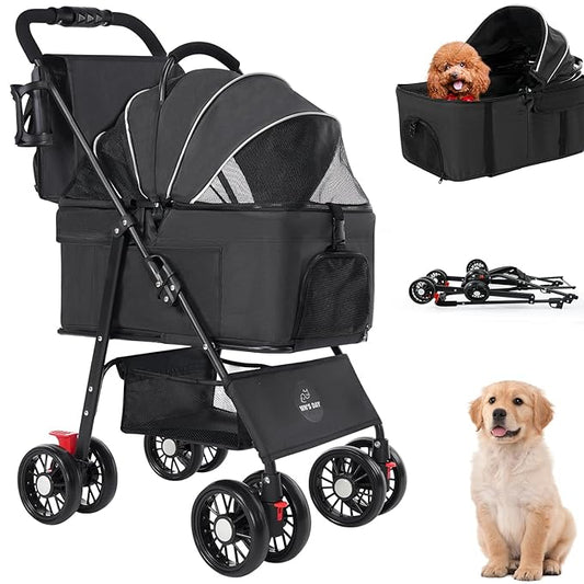 3 in 1 Pet Dog Stroller for Small Medium Dogs 10-50 lbs, Foldable Cat-Strollers for 2-Cats with Removable Carrier, Pet-Strollers for Cats with Storage Bag, Small Puppy-Stroller, Dog-Cart (Black)
