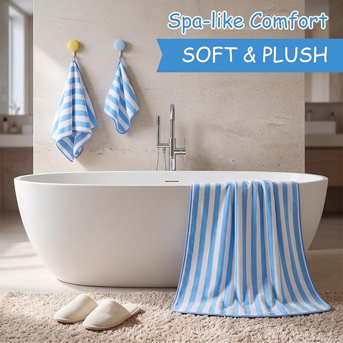 SmoothNovelty 20 Pack Microfiber Towels Bulk 4 Oversized Bath Towel 35 x 70 inch 4 Hand Cloth 12 Washcloth Large Soft Highly Absorbent for Beach Shower Bathroom Pool Salon Hotel (Blue,Stripe) - Image 6