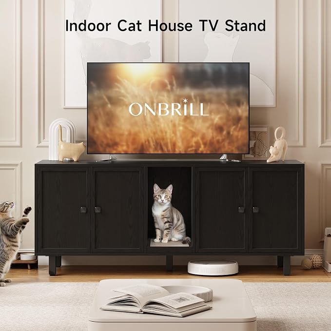 ONBRILL 59 Inches Cat Litter Box Enclosure for 2 Cats, Hidden Litter Boxes Furniture with Cat Scratch Pad, Large Indoor Pet House with Double Room, Wooden TV Stand Side Table, Black - Image 5