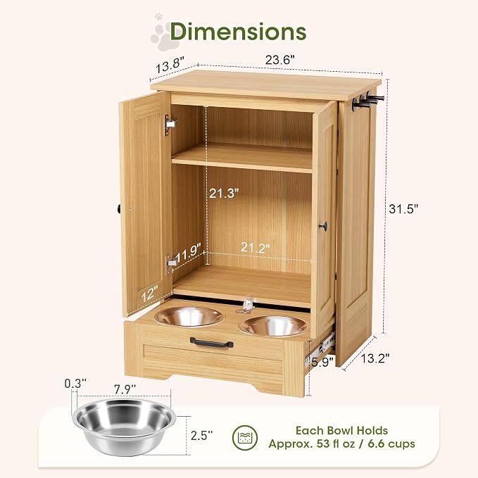 Dog Cabinet, Dog Feeding Station with Hidden Pull-Out Feeder, Oak | 5.9" Elevated Feeding Height, 2 Stainless Steel Bowls, Adjustable Shelf, 3 Side Hooks, Dog Food Storage Organizer - Image 2