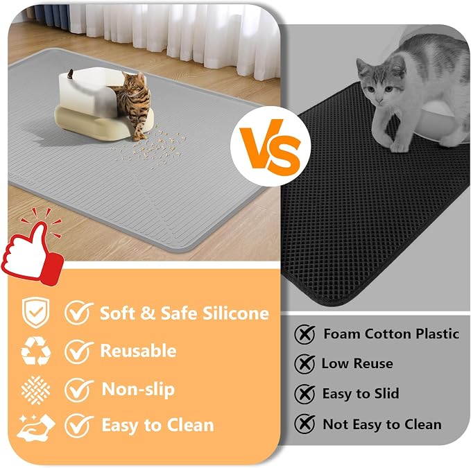 Silicone Cat Litter Mat 45" x 30" Cat Mat for Litter Box, Light Grey | Extra Large Cat Litter Trapping Mat for Floor, Waterproof, Non-Slip Kitty Litter Box Mat with Raised Edge, Easy to Clean - Image 3