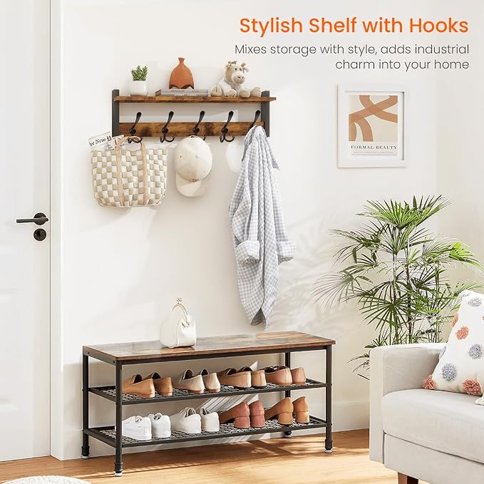 Homode Wall Mount Coat Rack with Shelf and 5 Tri Hooks | Wood Coat Hangers for Hanging Hat, Towel, Purse, Jacket, Rustic Brown - Image 2