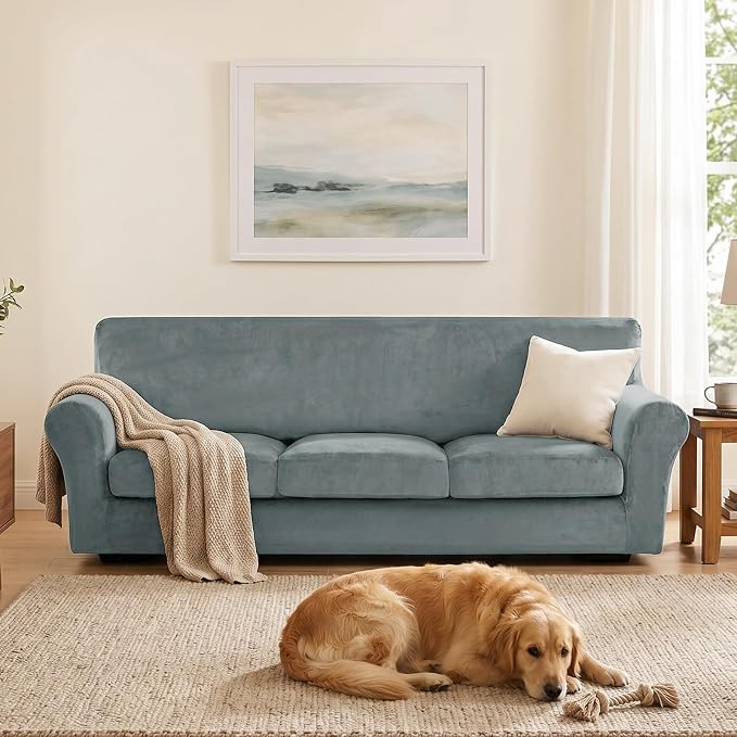 XINEAGE 4-Piece Velvet Oversize Sofa Cover, Couch Covers for Dog,Light Gray | 3 Cushion Large Sofa,Stretch Non-slip Elastic, Pet-friendly, Washable, Fast Setup, Soft Plush Fabric, Furniture Protector. - Image 4