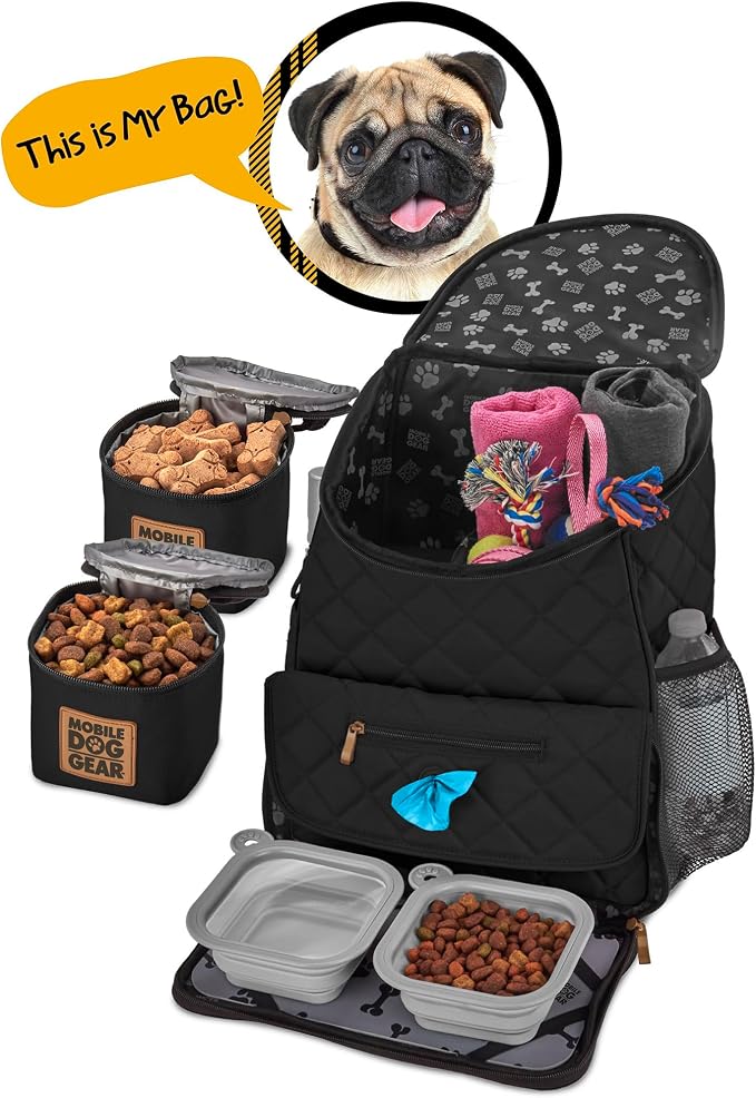 Mobile Dog Gear: Weekender Backpack - Black - Quilted Pet Travel Bag Holds Dog Accessories, Food Carriers, Silicone Bowls, Built-In Feeding Placemat - Image 8