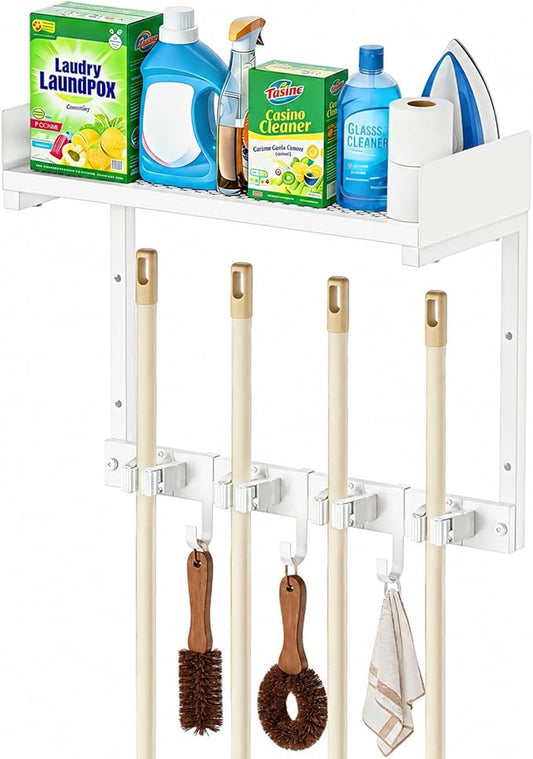 Mop Broom Holder Wall Mount with Top Shelf, Broom Organizer Wall Mount | 15inch,Mop Broom Wall Hanging Heavy Duty Tools Storage Rack Space-Saving for Garage,Kitchen,Laundry Room by HUFAND