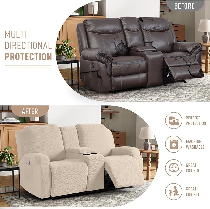 KinCam Loveseat Recliner Covers with Middle Console Slipcover, Vanilla | Stretch Recliner Sofa Covers for 2 Seat Couch Cover, Jacquard Furniture Protector Covers with Elastic Bottom for Kids, Pets - Image 4