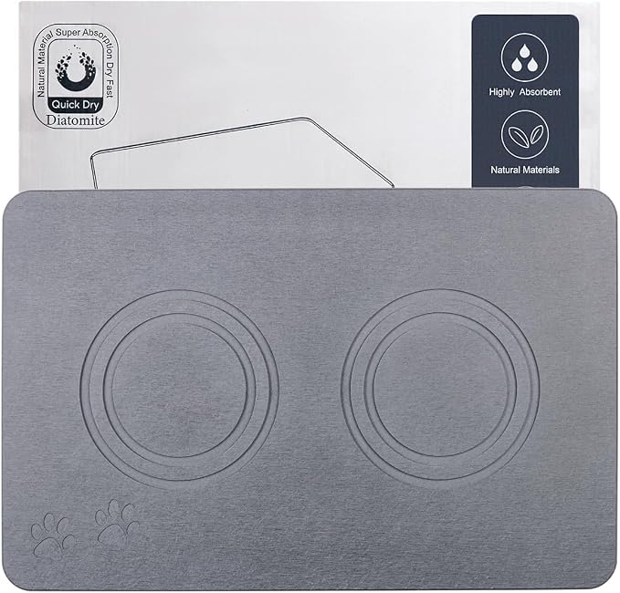 Diatomite Stone Pet Feeding Mat for Dog Cat Super Absorbent Diatomite Quick Drying Stone Dog Food Mat, Dog Mats for Food and Water with Non-Slip Station, Fast Dry Pet Mats, Deep Grey by PetGettingMuchHeathier