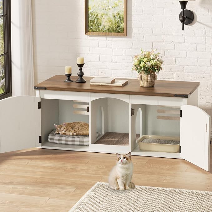 Halitaa Double Cat Litter Box Enclosure, Hidden Litter Box Furniture for 2 Cats, Farmhouse Cat House with Scratch Pad for 2 Litter Boxes, Wooden Enclosed Litter Box Furniture, Entryway Bench, White - Image 2