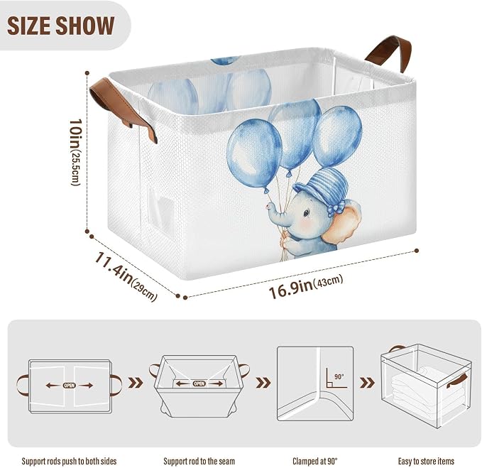 Cute Baby Elephant with Blue Balloon Storage Basket with Labels&Handles Rectangular Waterproof Nursery Storage Bins Collapsible Shelf Organizer Baskets for Kids Books Cloth Gift Basket Toys Laundry - Image 7