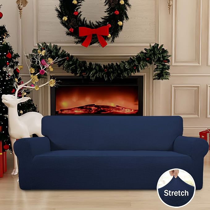 Easy-Going Stretch Couch Covers for Sofa Washable Large Navy | 1-Piece Sofa Covers for 3 Cushion Couch Furniture Protector Couch Slipcover Soft with Bottom for Kids Pets - Image 2