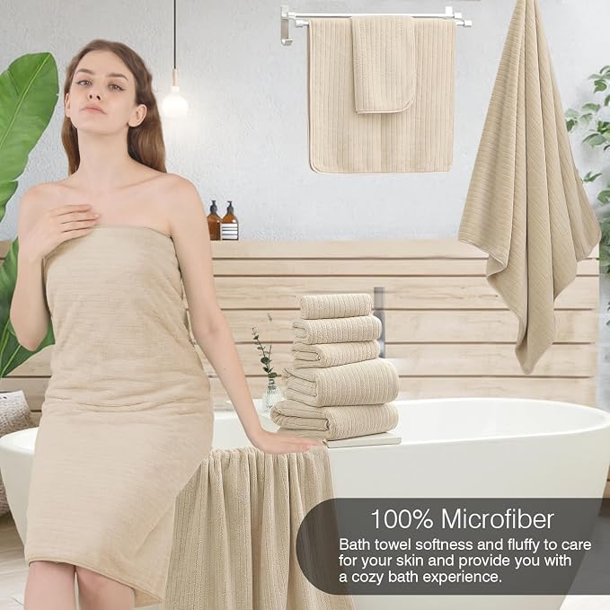 18 Piece Family Bath Towel Set Include 6 Bath Towels,6 Hand Towels and 6 Washcloths Soft Bathroom Towel with Hanging Loops,Highly Absorbent Quick Dry Towels Set for Bathroom,Hotel and Spa-Beige - Image 4