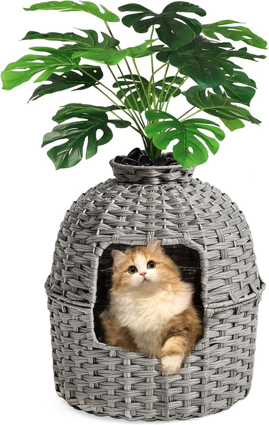 SETVSON Cat Litter Box Plant Enclosure, Hidden PE Rattan Litter Box, Gray | Decorative Planter Design, Handwoven Washable PE Rattan, Removable Top with Artificial Plant & Stones Included, Easy Cleaning by SETVSON