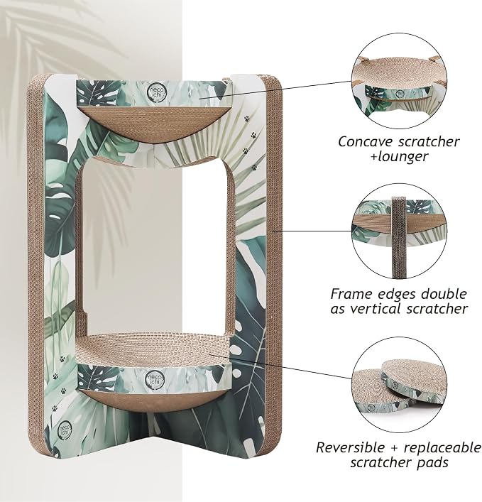 Necoichi Cat Scratcher Tower for Indoor Cats - Cat Scratching Post Lounger with Reversible Usability and Extra Comfort for Lounge, Cardboard Bed Couch / (Regular, Oak) - Image 5